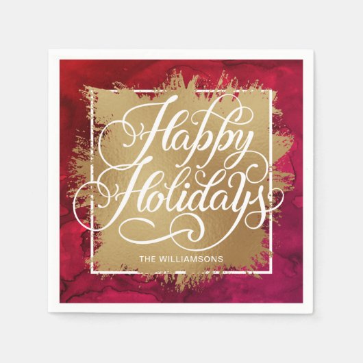 金ゴールドホイフェイクルハッピーホリデイズオンレッドウォーター色 スタンダードカクテルナプキン (正面)