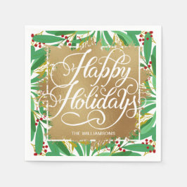 金ゴールドホイフェイクルハッピーホリデイズグリーンリーベリー スタンダードカクテルナプキン