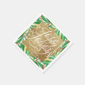 金ゴールドホイフェイクルハッピーホリデイズグリーンリーベリー スタンダードカクテルナプキン (角)