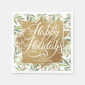 金ゴールドホイフェイクルハッピーホリデイズグリーンリーベリー スタンダードカクテルナプキン (正面)