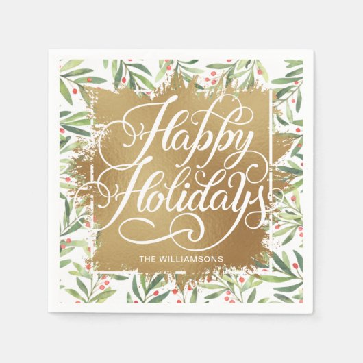 金ゴールドホイフェイクルハッピーホリデイズグリーンリーベリー スタンダードカクテルナプキン (正面)