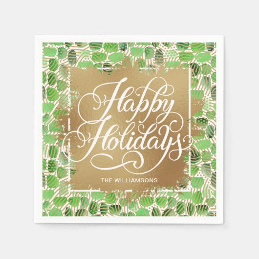 金ゴールドホイフェイクルハッピーホリデイズグリーン スタンダードカクテルナプキン (正面)