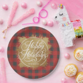 金ゴールドホイフェイクルハッピーホリデイズバッファロープレイド ペーパープレート (パーティー)