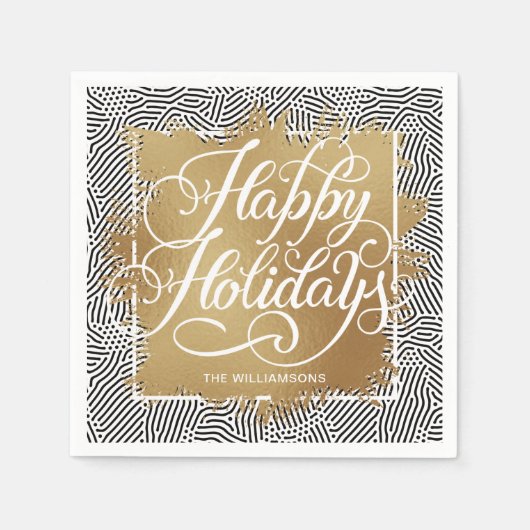 金ゴールドホイフェイクルハッピーホリデイズモダンブラック スタンダードカクテルナプキン (正面)