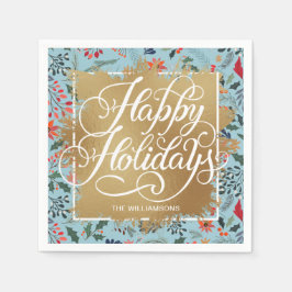 金ゴールドホイフェイクルハッピーホリデーズウィンターフラワーズブルー スタンダードカクテルナプキン