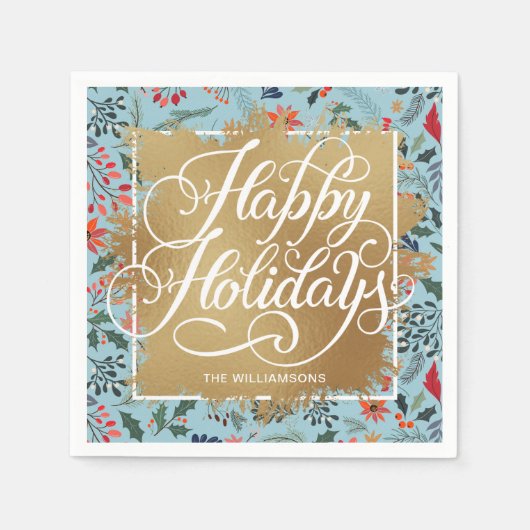 金ゴールドホイフェイクルハッピーホリデーズウィンターフラワーズブルー スタンダードカクテルナプキン (正面)