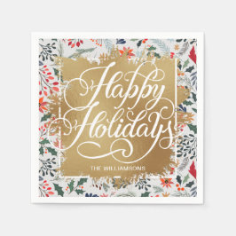 金ゴールドホイフェイクルハッピーホリデーズウィンターフラワー スタンダードカクテルナプキン