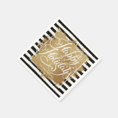 金ゴールドホイフェイクルハッピーホリデーズ白黒ストライプ スタンダードカクテルナプキン (角)