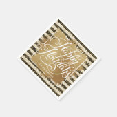 金ゴールドホイフェイクルハッピーホリデーズ白黒ストライプ スタンダードカクテルナプキン (角)