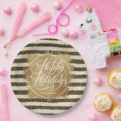 金ゴールドホイフェイクルハッピーホリデーズ白黒ストライプ ペーパープレート (パーティー)