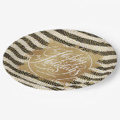 金ゴールドホイフェイクルハッピーホリデーズ白黒ストライプ ペーパープレート (アングル)