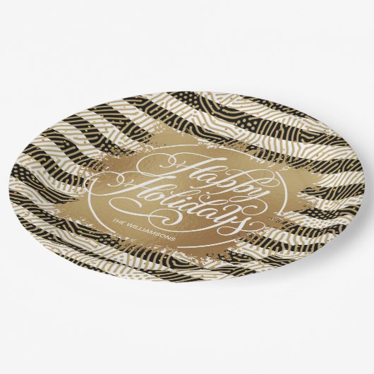 金ゴールドホイフェイクルハッピーホリデーズ白黒ストライプ ペーパープレート (アングル)