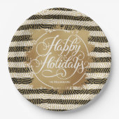 金ゴールドホイフェイクルハッピーホリデーズ白黒ストライプ ペーパープレート (正面)