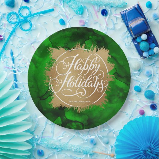 金ゴールドホイフェイクルホリデークリスマスグリーンウォーター色 ペーパープレート (パーティー)