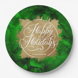 金ゴールドホイフェイクルホリデークリスマスグリーンウォーター色 ペーパープレート