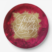 金ゴールドホイフェイクルホリデークリスマスレッドウォーター色 ペーパープレート (正面)