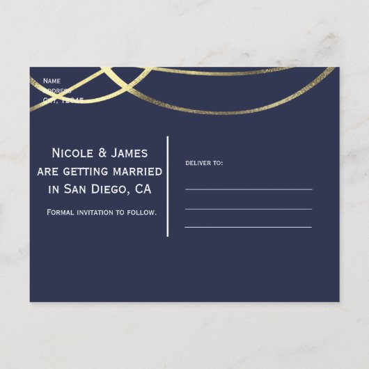 金ゴールドホイフェイクル任意の色の結婚式の日付を保存 案内ポストカード (裏面)