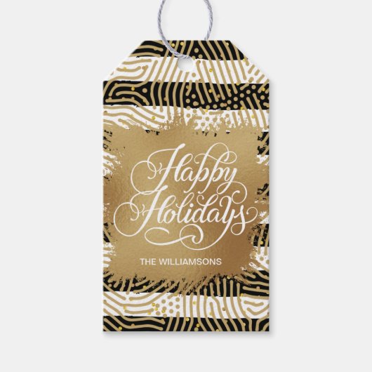 金ゴールドホイフェイクル白黒ストライプズホリデイ ギフトタグ (正面)