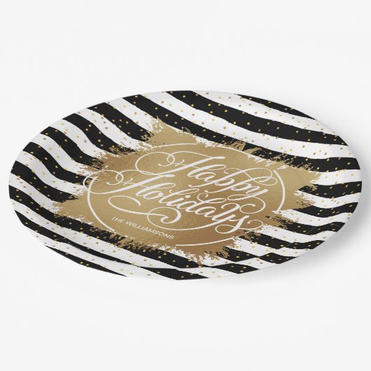 金ゴールドホイフェイクル白黒ストライプズホリデイ ペーパープレート (アングル)
