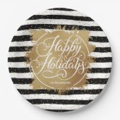 金ゴールドホイフェイクル白黒ストライプズホリデイ ペーパープレート (正面)