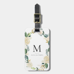 金ゴールドホイルのグリッターのモノグラムが付いている水彩画の花 ラゲッジタグ