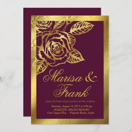 金ゴールドホイルのバーガンディのヴィンテージの植物の花 招待状 (正面/裏面)