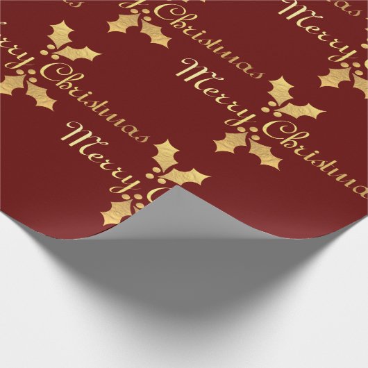 金ゴールドホイルのヒイラギのメリークリスマス ラッピングペーパー (角)