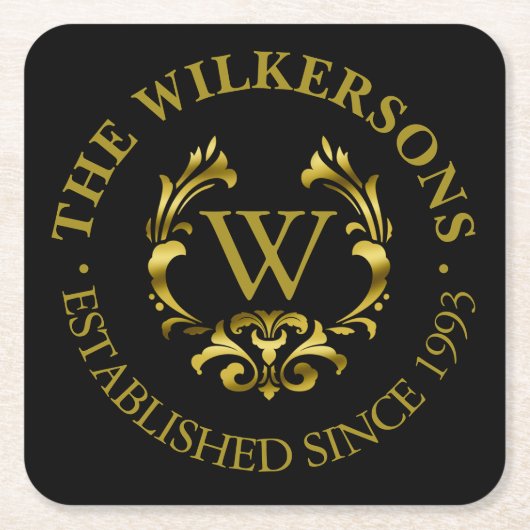 金ゴールドホイルのモノグラムの紋章|はあなたの色を選びます スクエアペーパーコースター (正面)