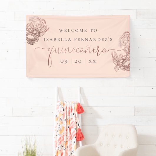 金ゴールドホイルの仮面舞踏会のQuinceañeraのばら色の歓迎 横断幕 (インサイチュ)