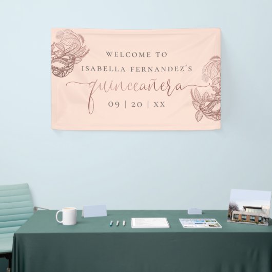 金ゴールドホイルの仮面舞踏会のQuinceañeraのばら色の歓迎 横断幕 (トレードショー)