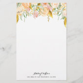 金ゴールドホイルの群葉の文房具が付いているモモの花 便箋 (正面)