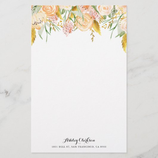 金ゴールドホイルの群葉の文房具が付いているモモの花 便箋 (正面)