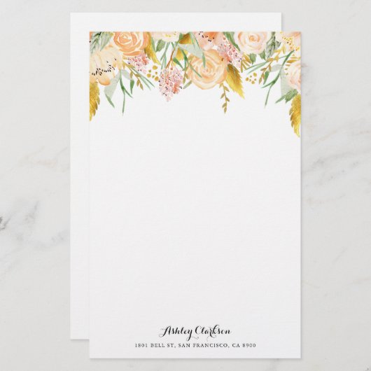 金ゴールドホイルの群葉の文房具が付いているモモの花 便箋 (正面/裏面)