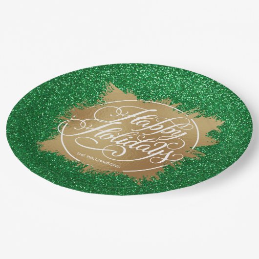 金ゴールドホイルフェイクホリデークリスマスグリーングリッター ペーパープレート (アングル)