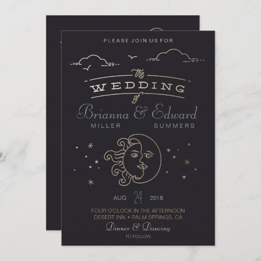 金ゴールドホイル日曜日および月の結婚式招待状 招待状 (正面/裏面)