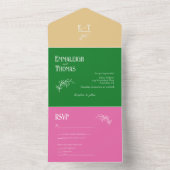 金ゴールドホットピンクとシンプルグリーンモダン結婚の オールインワン招待状 (内側)