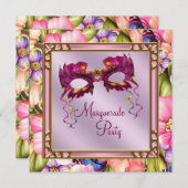 金ゴールドホットピンクピンクパープルマスクマスカレードパーティー 招待状 (正面/裏面)