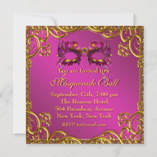 金ゴールドホットピンクマスクマスカレードボールパーティー 招待状 (裏面)