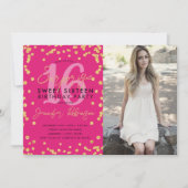 金ゴールドホットピンク紙吹雪フォトサプライズSweet 16 招待状 (正面)