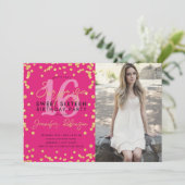 金ゴールドホットピンク紙吹雪フォトサプライズSweet 16 招待状 (スタンド正面)