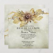 金ゴールドホリデイウィンターリボンブライダルシャワー 招待状 (正面/裏面)