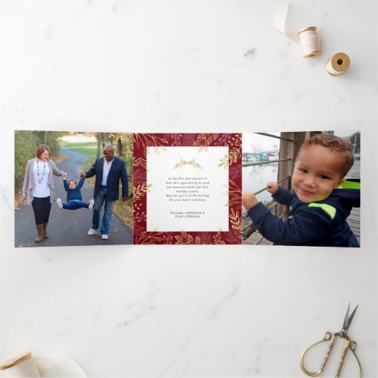 金ゴールドホリデーグリーナリーレッド4写真クリスマス 三つ折りクリスマスカード (内部)