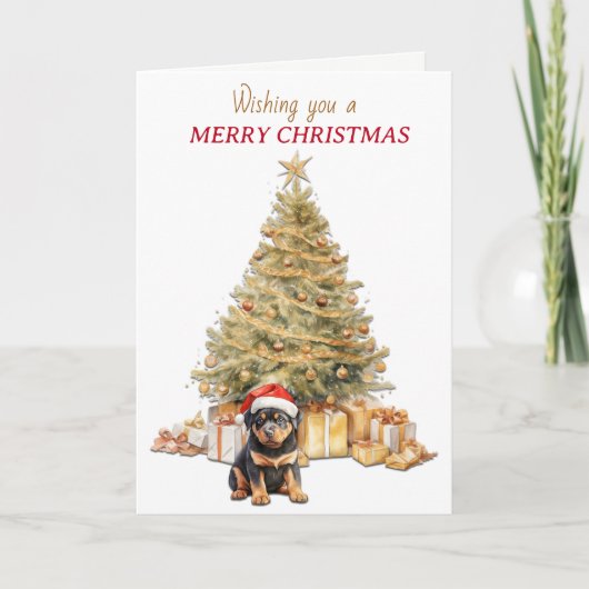 金ゴールドホリデーツリーロットワイラーパピークリスマスカード シーズンカード (正面)