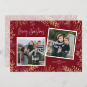 金ゴールドホリデーボタニカルオンレッド2フォトクリスマス シーズンカード (正面/裏面)