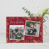 金ゴールドホリデーボタニカルオンレッド2フォトクリスマス シーズンカード (スタンド正面)