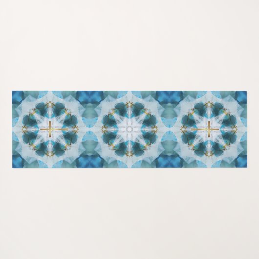 金ゴールドホリークロススポットライトかわいらし、ブルーウォーター色 ヨガマット (裏面(横))