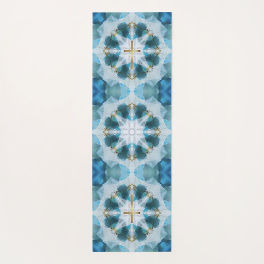 金ゴールドホリークロススポットライトかわいらし、ブルーウォーター色 ヨガマット (裏面)