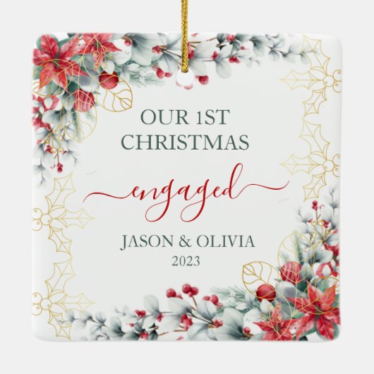 金ゴールドホリーグリーンフローラ1stクリスマス婚約した セラミックオーナメント (裏面)