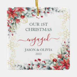 金ゴールドホリーグリーンフローラ1stクリスマス婚約した セラミックオーナメント