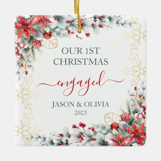 金ゴールドホリーグリーンフローラ1stクリスマス婚約した セラミックオーナメント (正面)